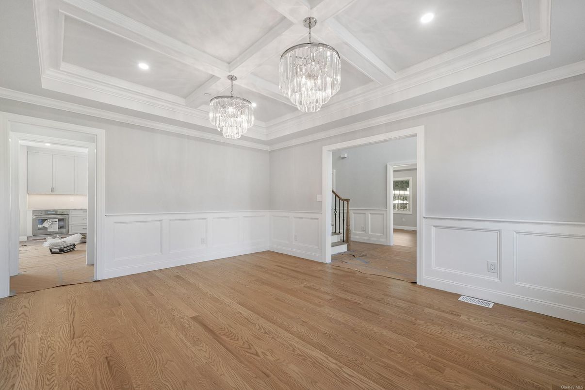 Chandelier, Empty room, Interior, Recessed Lighting, Wood Texture Flooring