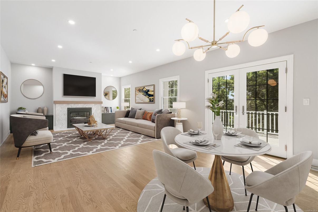 Dining room, Fireplace, Interior, Living room, Pendant Lights, Piano, Recessed Lighting, Wood Texture Flooring