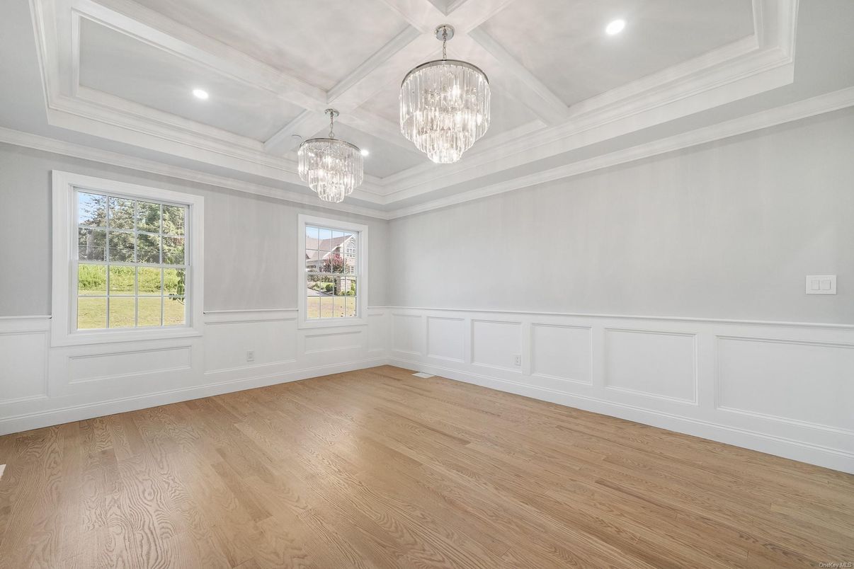 Chandelier, Empty room, Interior, Recessed Lighting, Wood Texture Flooring