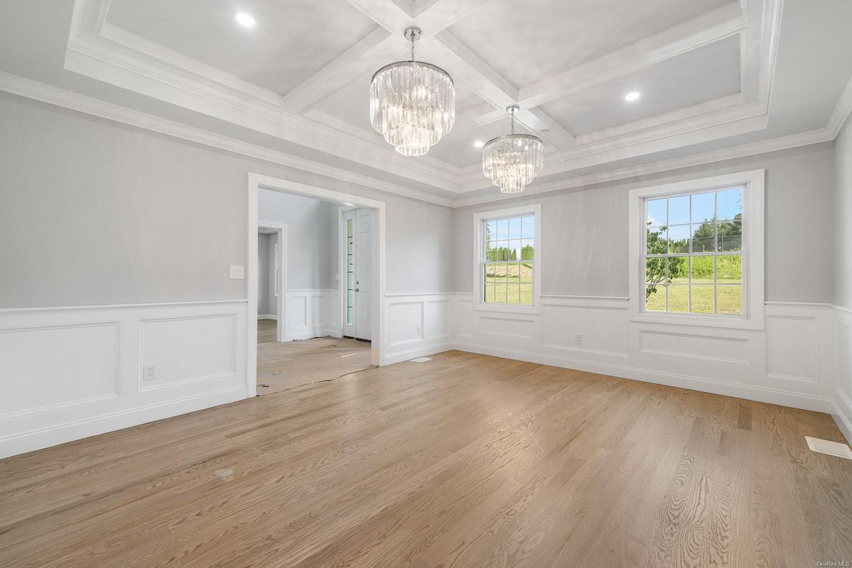 Chandelier, Empty room, Interior, Recessed Lighting, Wood Texture Flooring