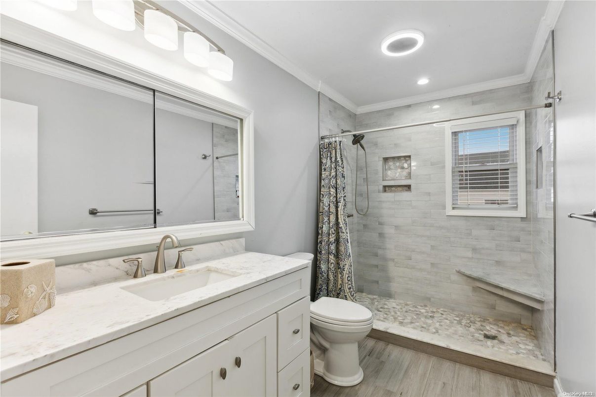 Bathroom, Glass Shower, Interior, Recessed Lighting, Wood Texture Flooring