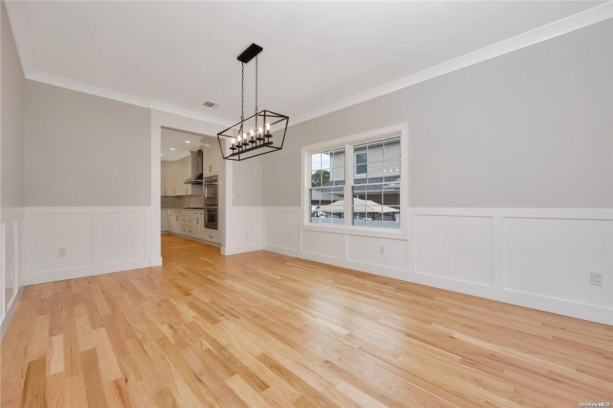 Chandelier, Empty room, Interior, Kitchen, Pendant Lights, Recessed Lighting, Wood Texture Flooring