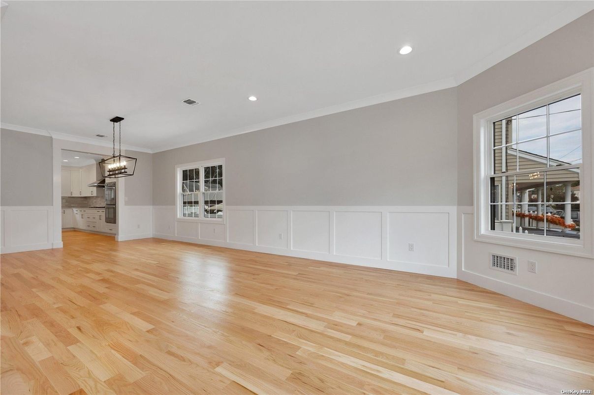 Empty room, Interior, Kitchen, Pendant Lights, Recessed Lighting, Wood Texture Flooring