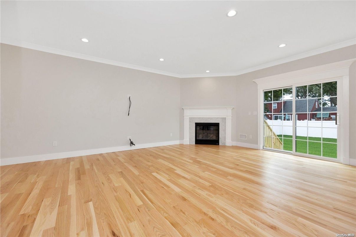 Empty room, Fireplace, Interior, Recessed Lighting, Wood Texture Flooring