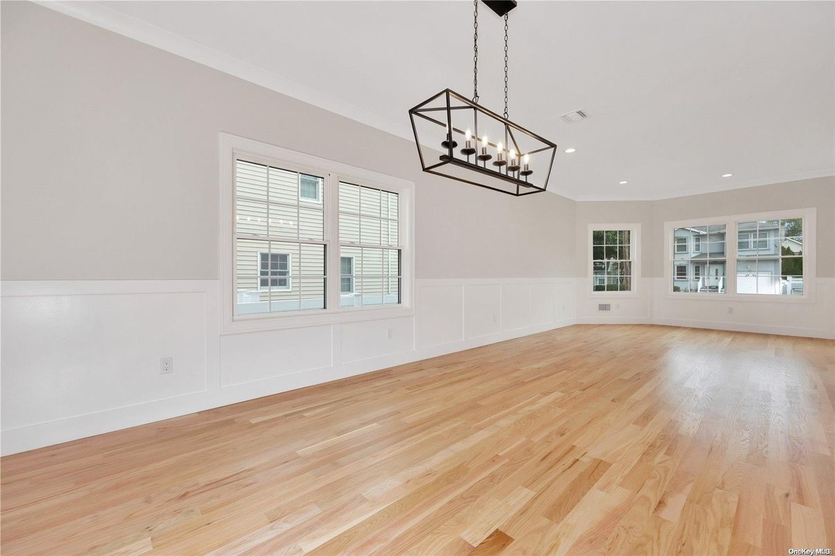 Chandelier, Empty room, Interior, Pendant Lights, Recessed Lighting, Wood Texture Flooring