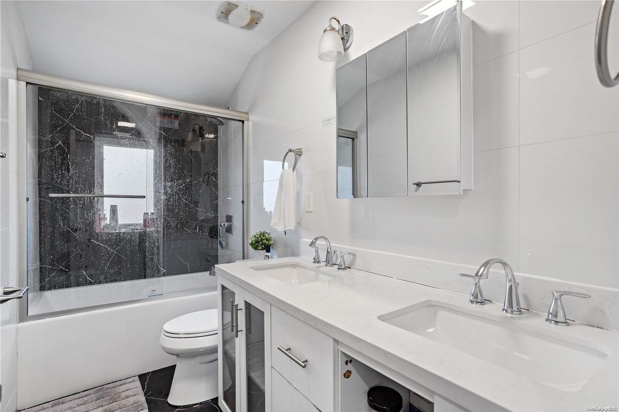 Bathroom, Dual Sink Vanities, Glass Shower, Interior, Wood Texture Flooring