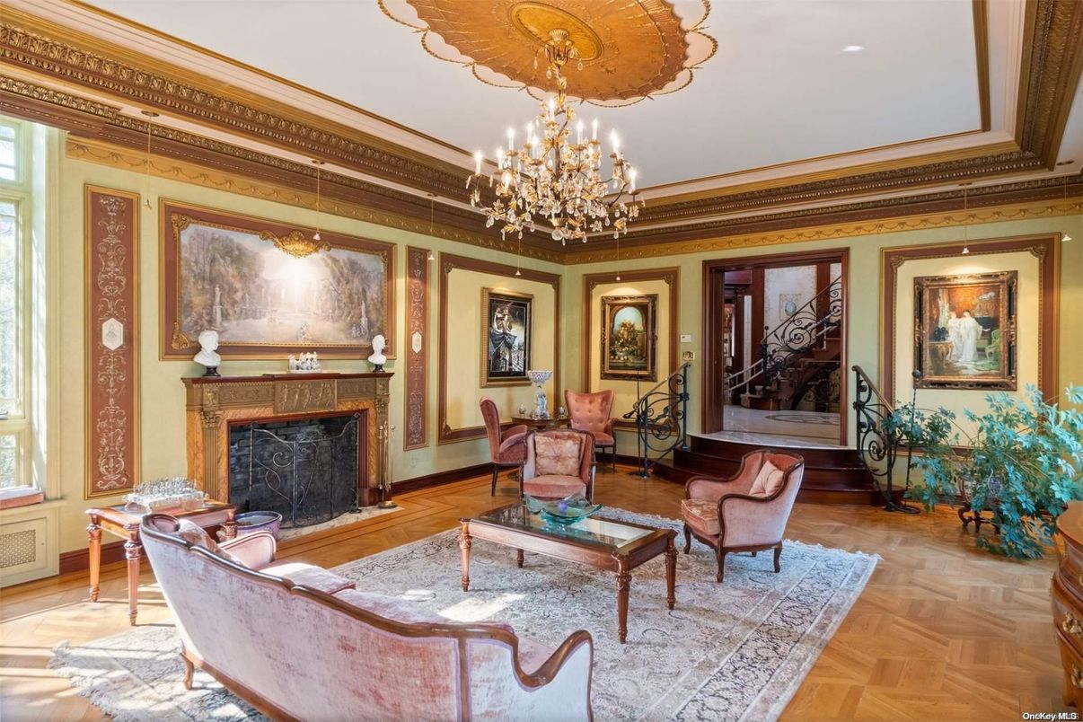Chandelier, Fireplace, Interior, Living room, Wood Texture Flooring