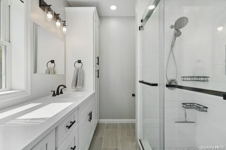 Bathroom, Glass Shower, Interior, Recessed Lighting, Wood Texture Flooring