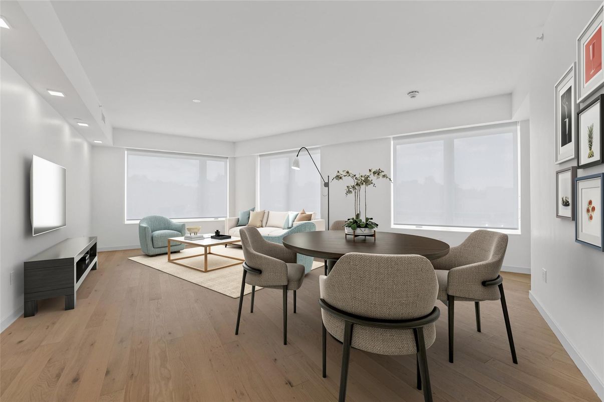Dining room, Interior, Living room, Recessed Lighting, Wood Texture Flooring