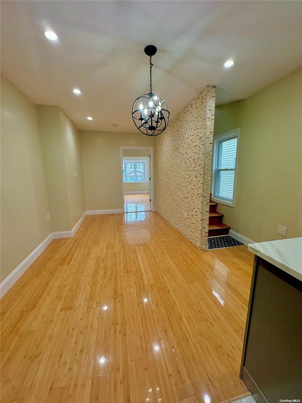 Chandelier, Empty room, Interior, Recessed Lighting, Wood Texture Flooring