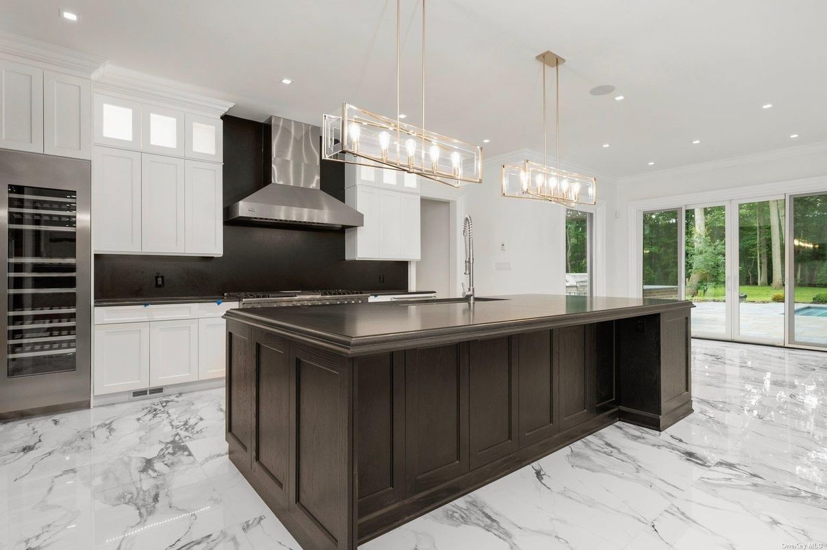 Interior, Kitchen, Marble, Pendant Lights, Recessed Lighting, Stainless Steel Appliances