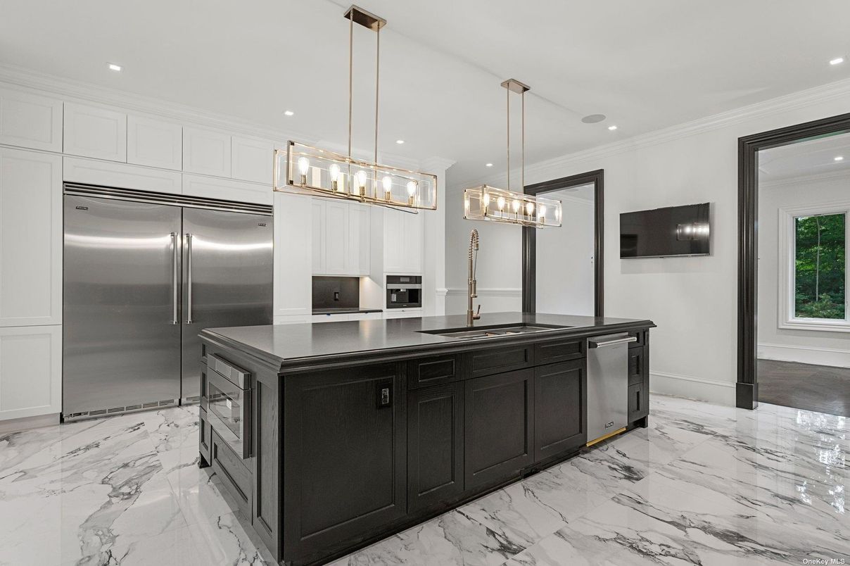 Interior, Kitchen, Marble, Pendant Lights, Recessed Lighting, Stainless Steel Appliances