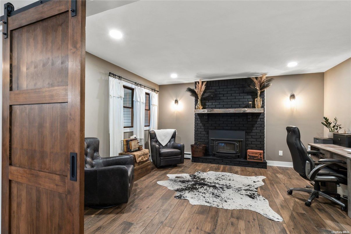 Fireplace, Home Office, Interior, Recessed Lighting, Stone Walls, Wood Texture Flooring
