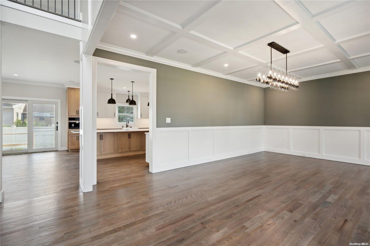 Chandelier, Empty room, Interior, Kitchen, Pendant Lights, Recessed Lighting, Wood Texture Flooring
