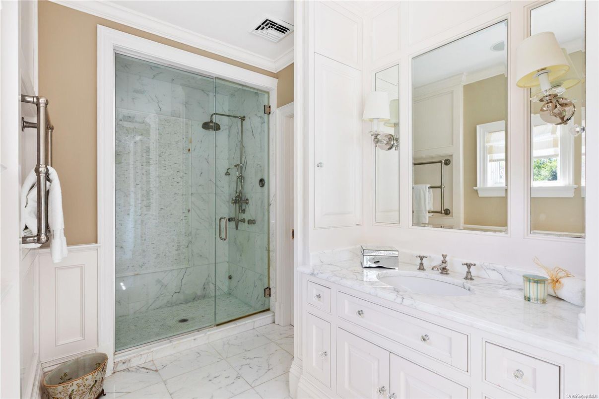 Bathroom, Glass Shower, Interior, Marble, Marble Walls
