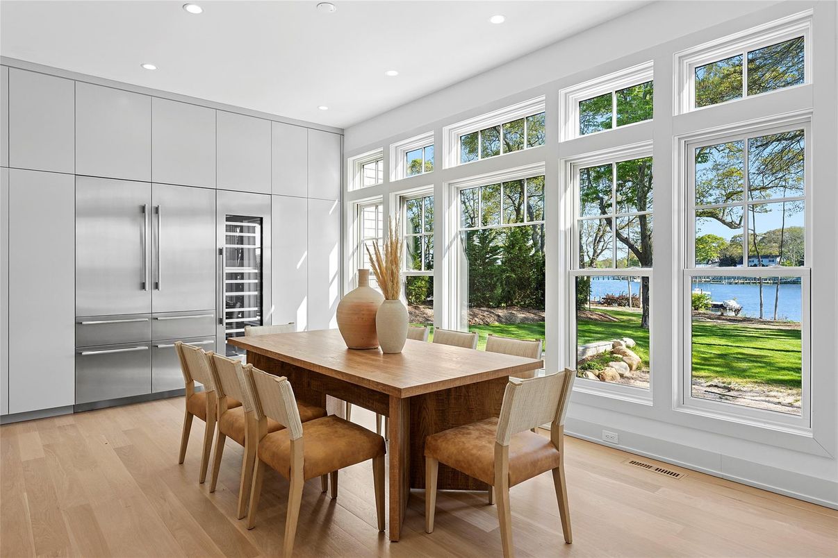Dining room, Interior, Kitchen, Recessed Lighting, Water, Wood Texture Flooring