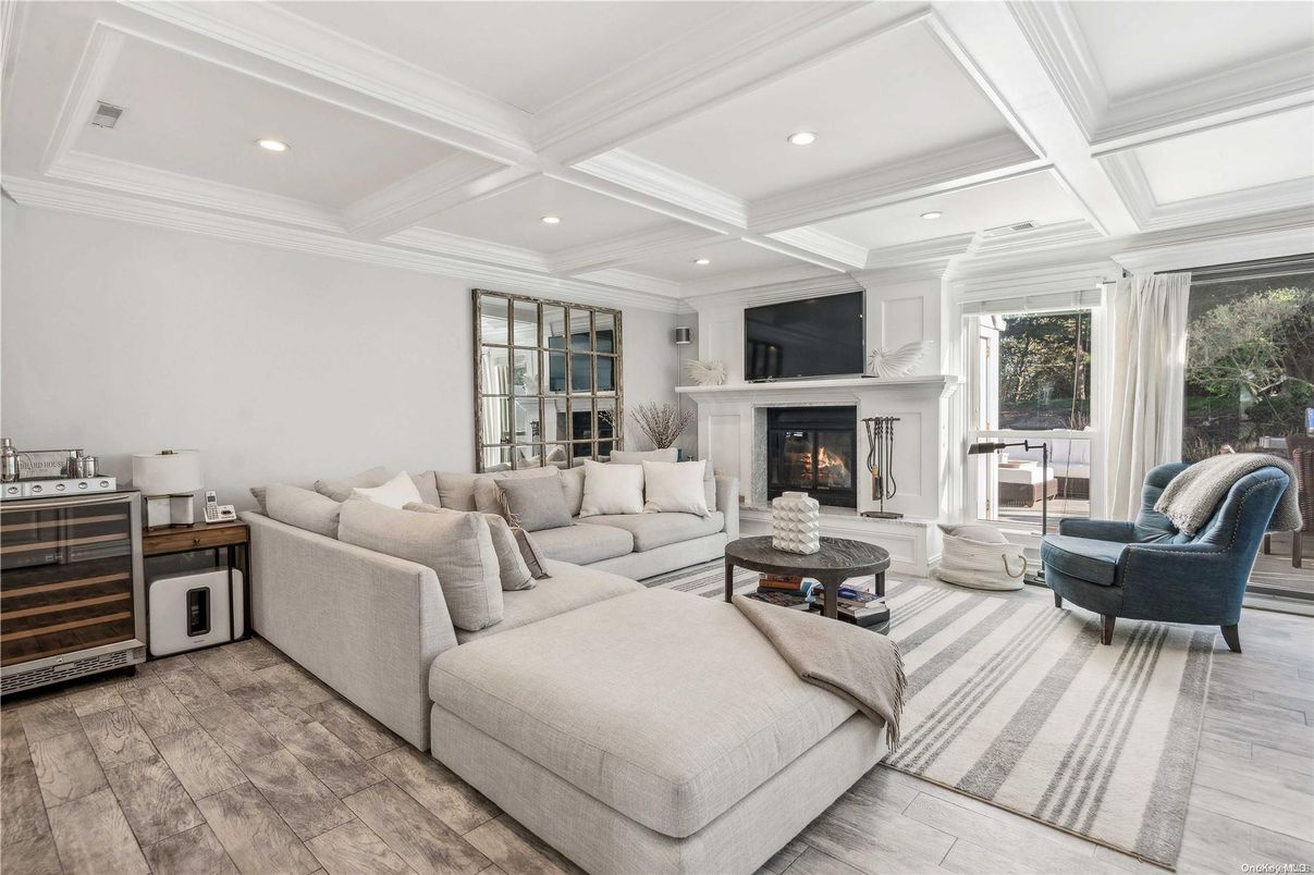 Fireplace, Interior, Living room, Recessed Lighting, Wood Texture Flooring