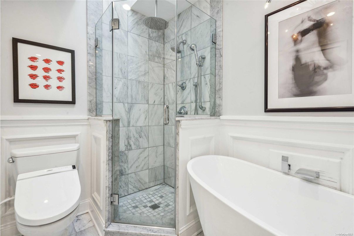 Bathroom, Free Standing Baths, Glass Shower, Interior, Marble Walls