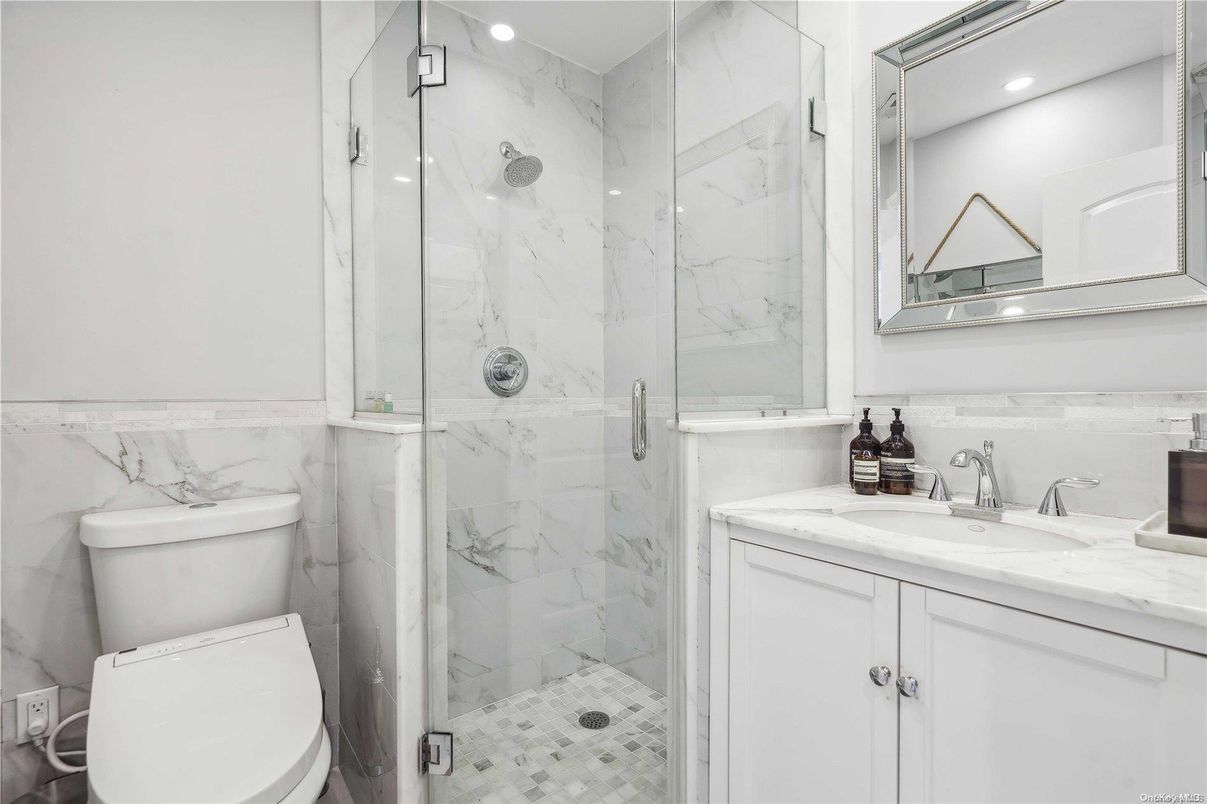 Bathroom, Glass Shower, Interior, Marble Walls, Recessed Lighting