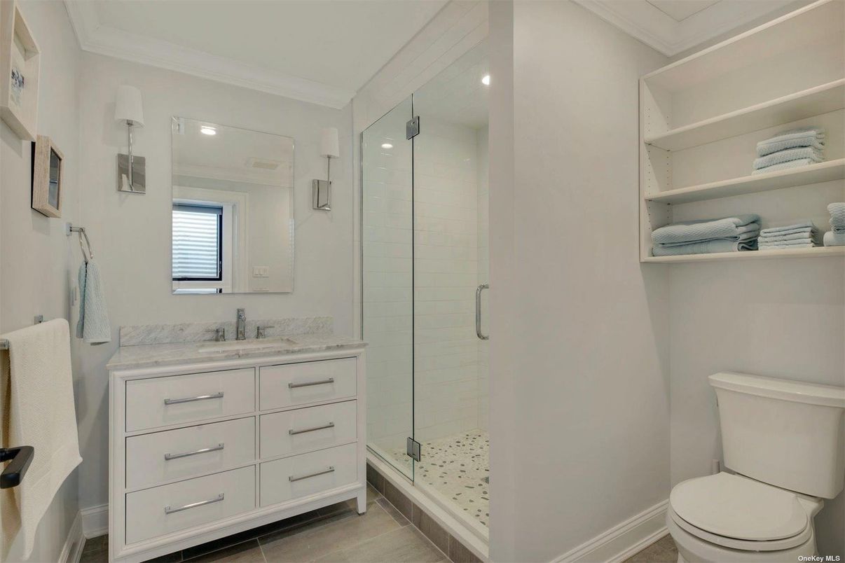 Bathroom, Glass Shower, Interior, Recessed Lighting, Wood Texture Flooring