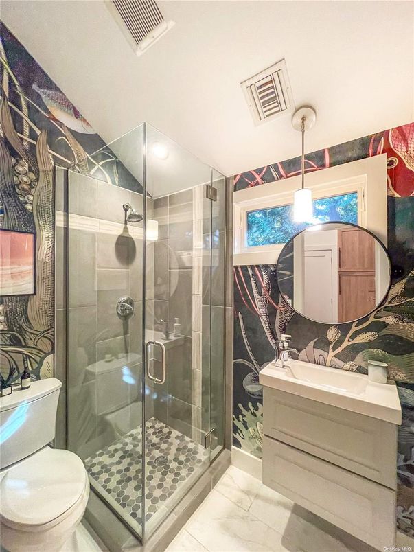 Bathroom, Glass Shower, Interior, Pendant Lights