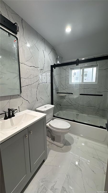 Bathroom, Glass Shower, Interior, Marble, Marble Walls, Recessed Lighting