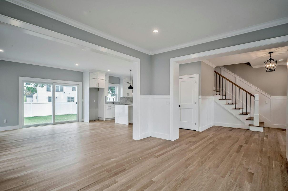 Empty room, Interior, Kitchen, Pendant Lights, Recessed Lighting, Wood Texture Flooring