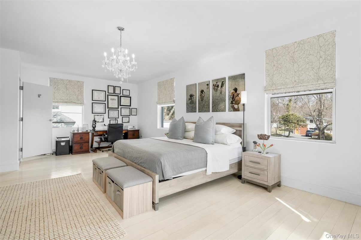 Bedroom, Chandelier, Home Office, Interior, Pendant Lights, Wood Texture Flooring
