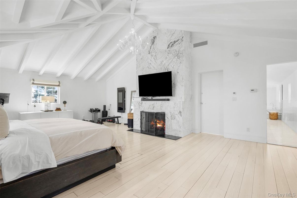 Bedroom, Fireplace, Interior, Pendant Lights, Wood Texture Flooring