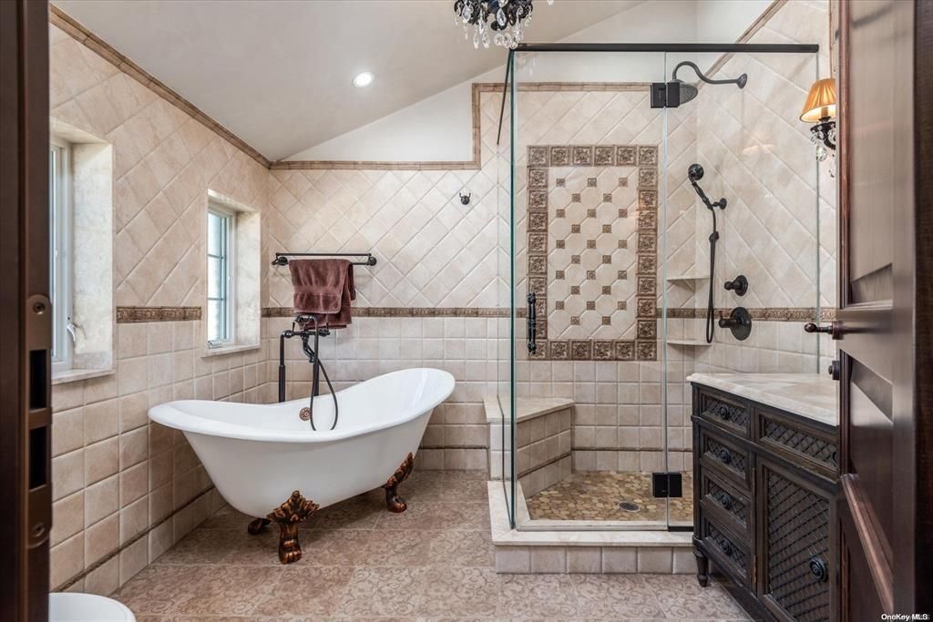 Bathroom, Free Standing Baths, Glass Shower, Interior, Recessed Lighting