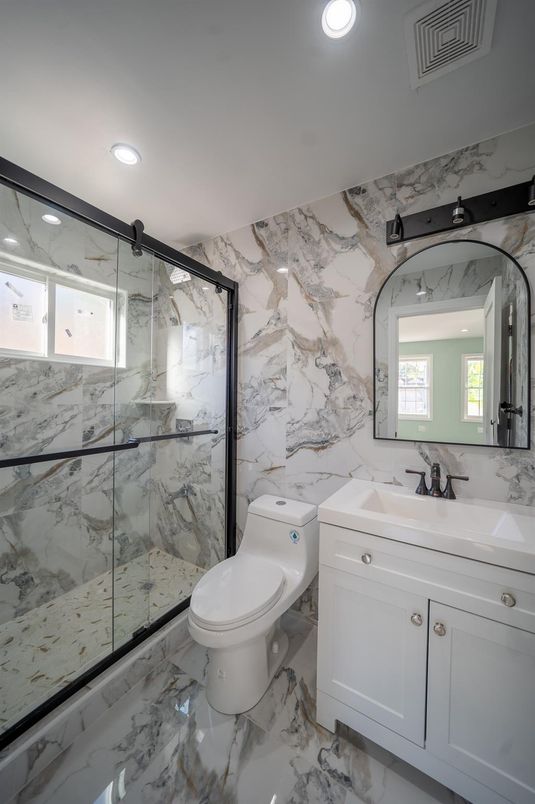 Bathroom, Glass Shower, Interior, Marble, Marble Walls, Recessed Lighting