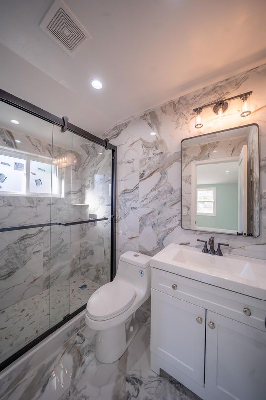 Bathroom, Glass Shower, Interior, Marble, Marble Walls, Recessed Lighting