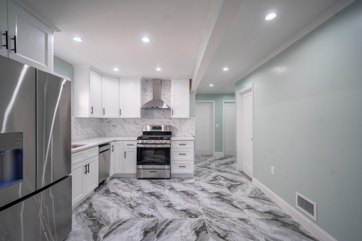 Interior, Kitchen, Marble, Marble Walls, Recessed Lighting, Stainless Steel Appliances