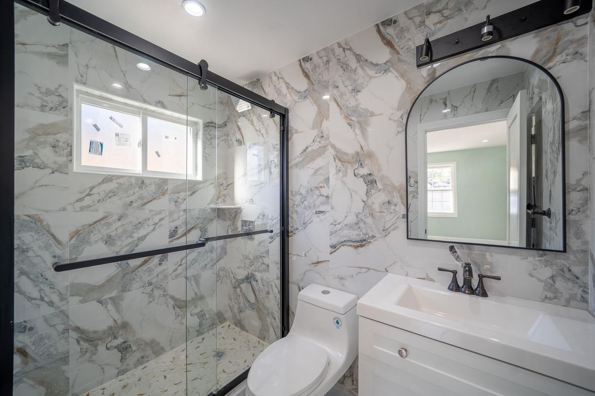 Bathroom, Glass Shower, Interior, Marble Walls, Recessed Lighting