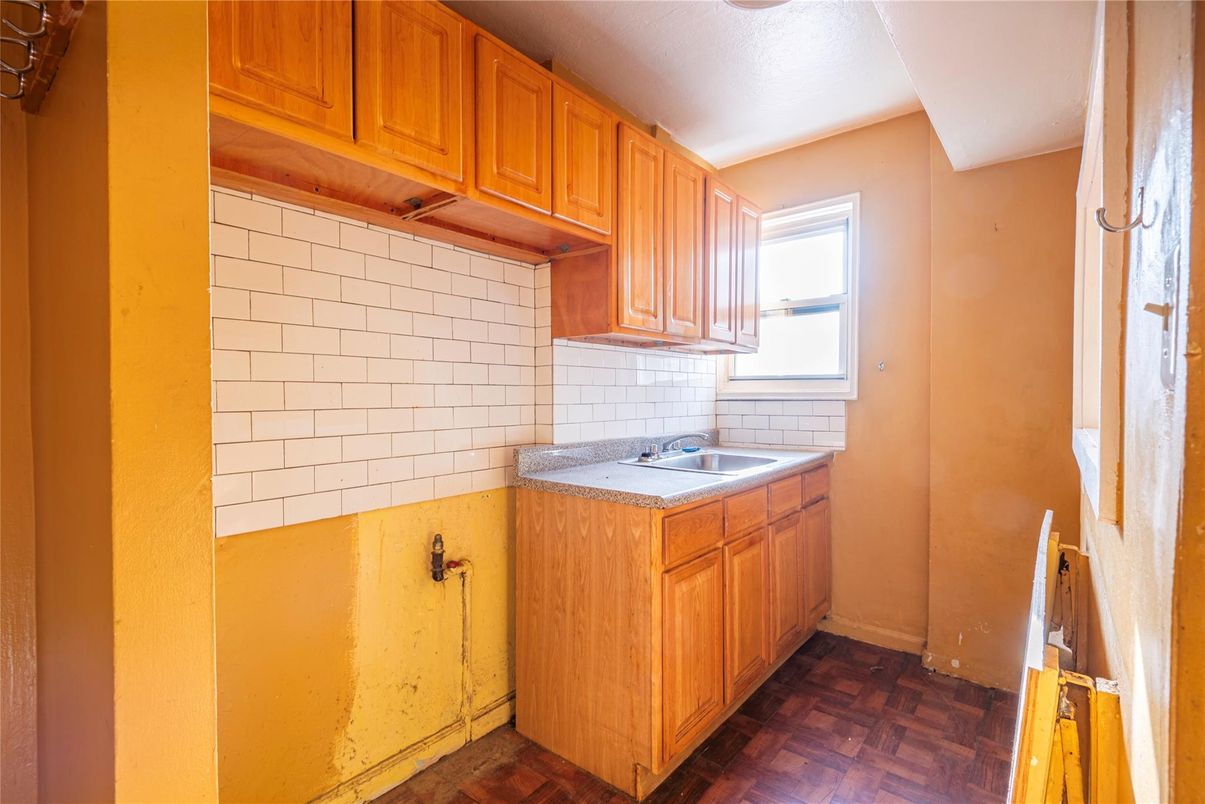 Interior, Kitchen, Tile Countertops, Wood Texture Flooring