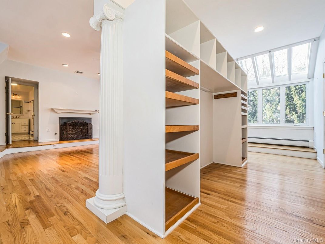 Empty room, Fireplace, Interior, Recessed Lighting, Wood Texture Flooring