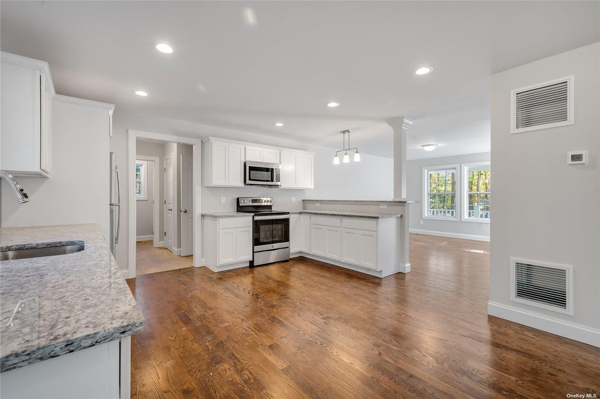 Interior, Kitchen, Pendant Lights, Recessed Lighting, Stainless Steel Appliances, Wood Texture Flooring
