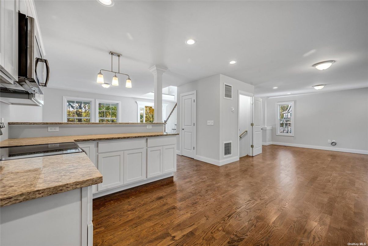 Empty room, Interior, Kitchen, Pendant Lights, Recessed Lighting, Wood Texture Flooring