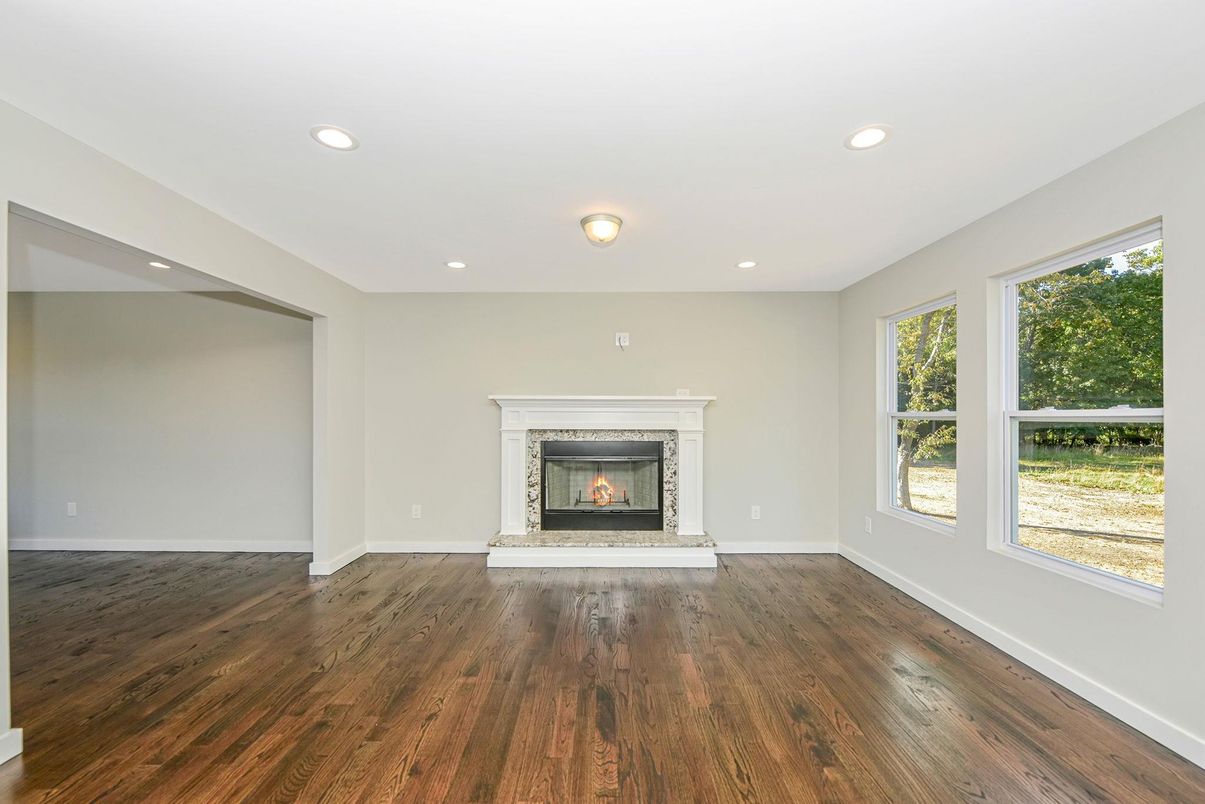 Empty room, Fireplace, Interior, Recessed Lighting, Wood Texture Flooring