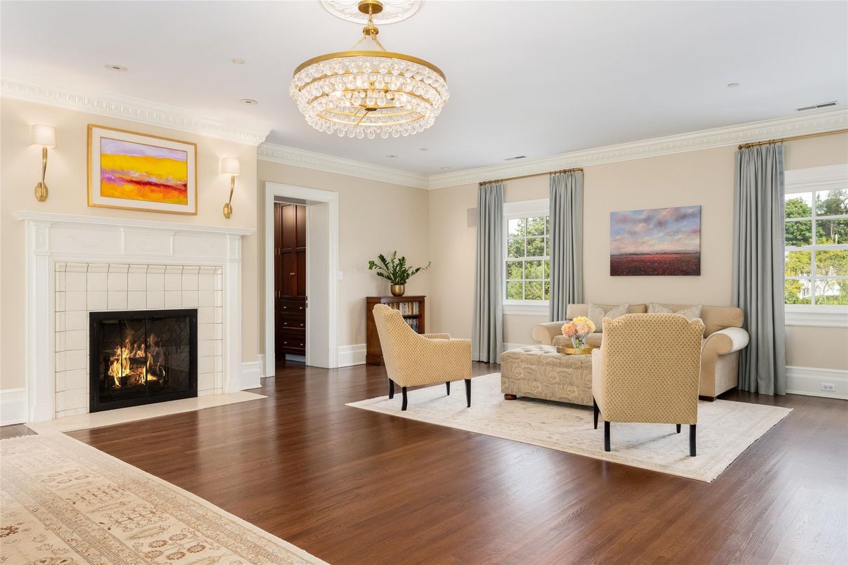 Chandelier, Fireplace, Interior, Living room, Recessed Lighting, Wood Texture Flooring