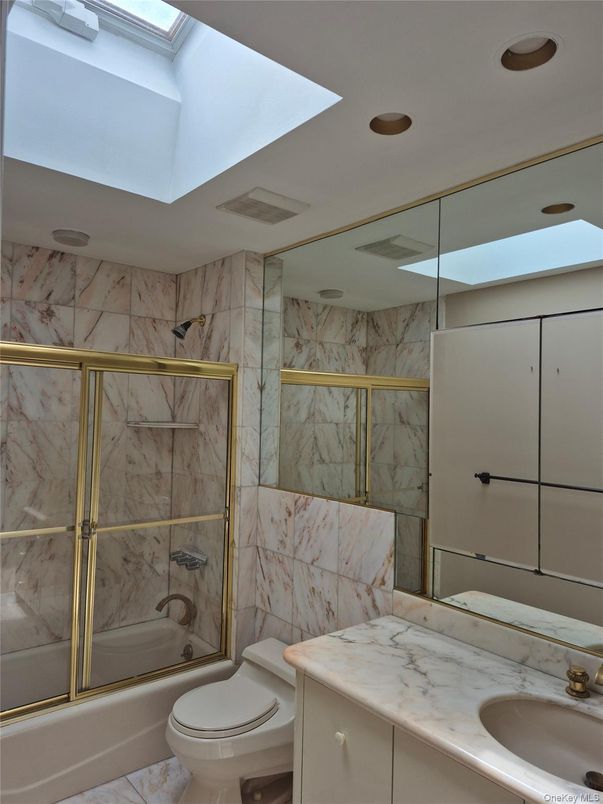 Bathroom, Glass Shower, Interior, Marble Walls, Recessed Lighting