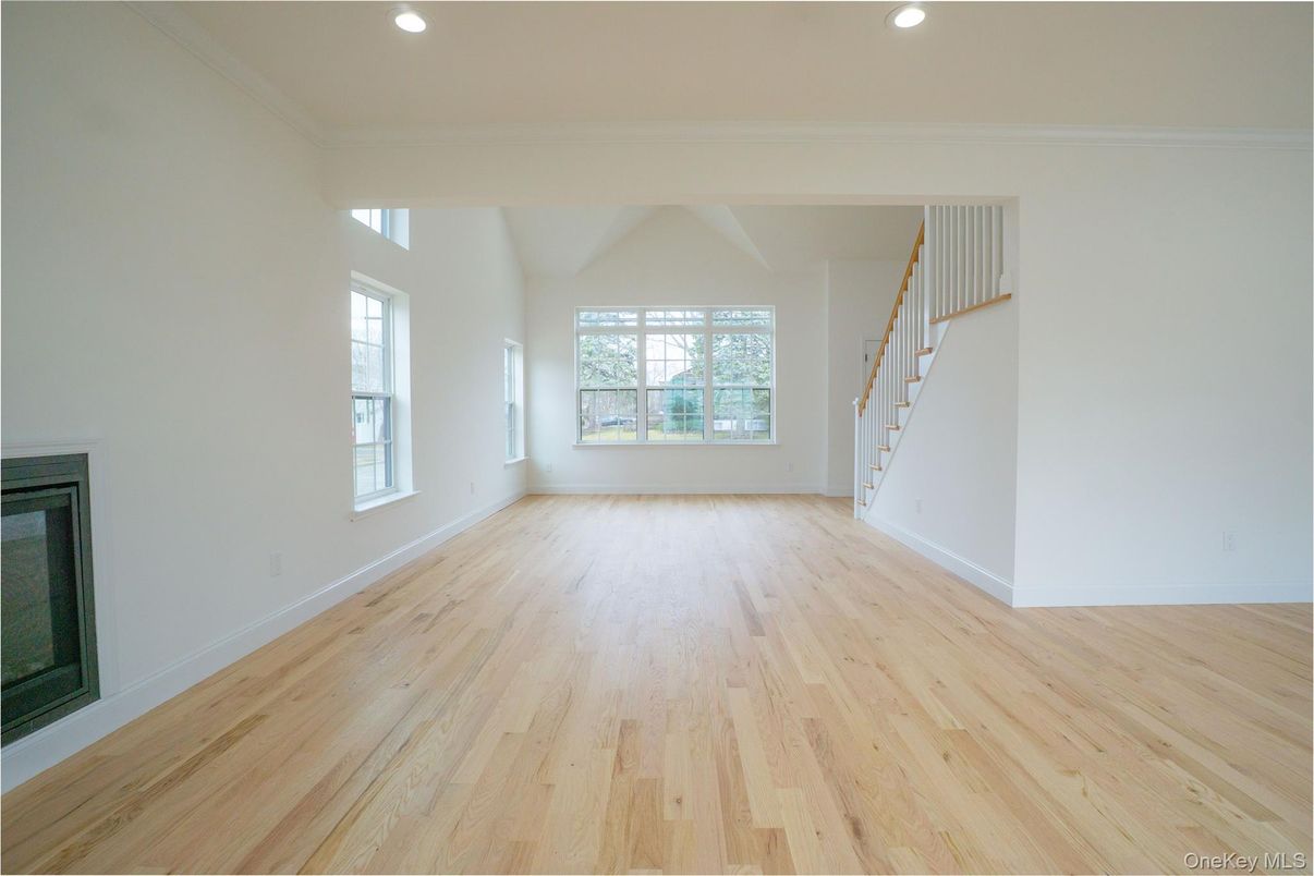 Empty room, Fireplace, Interior, Recessed Lighting, Wood Texture Flooring