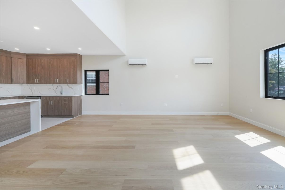 Empty room, Interior, Kitchen, Marble Walls, Recessed Lighting, Wood Texture Flooring