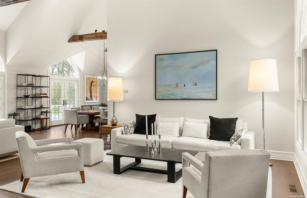 Dining room, Interior, Living room, Pendant Lights, Wooden Beams, Wood Texture Flooring