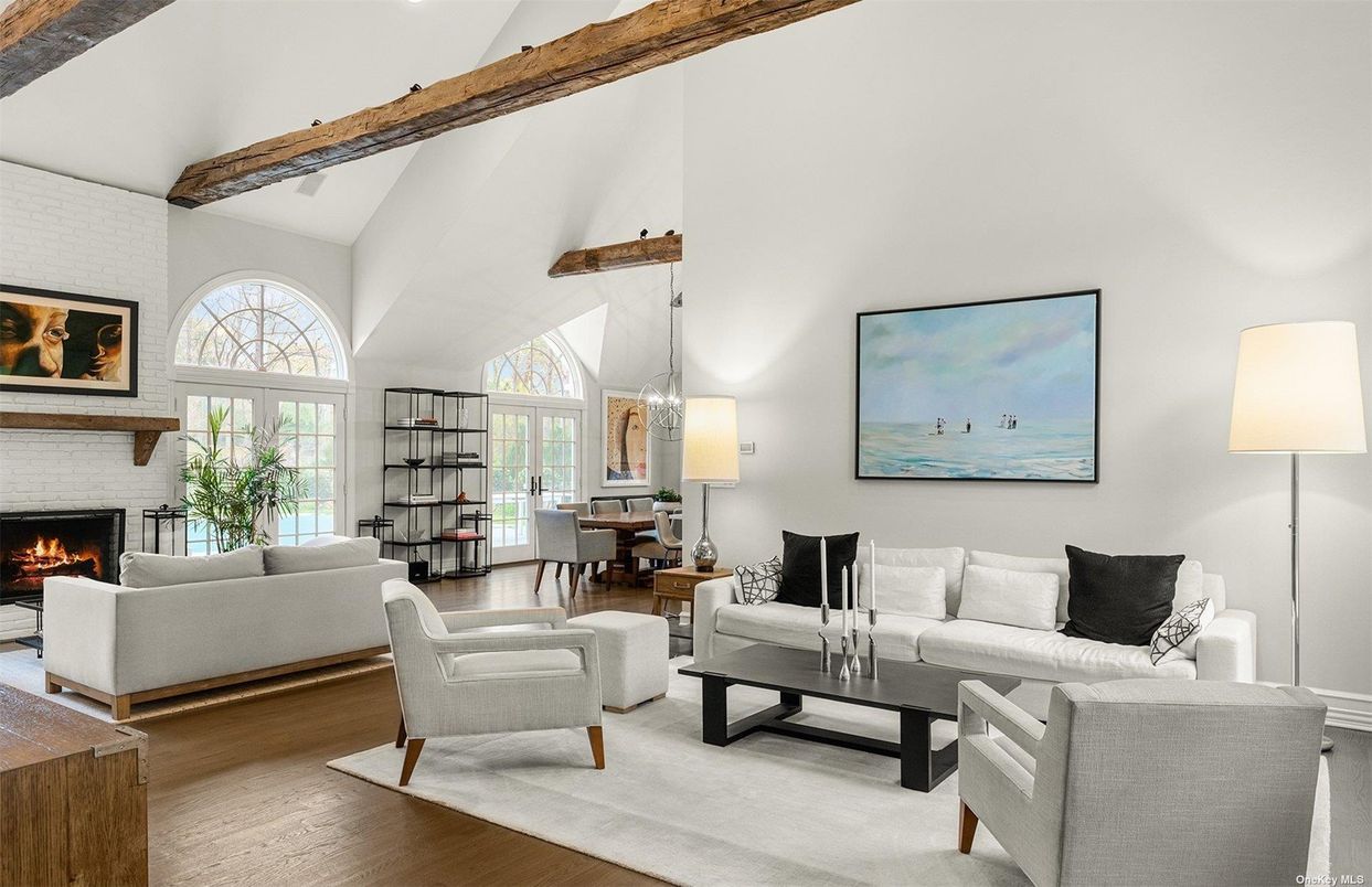 Dining room, Fireplace, Interior, Living room, Pendant Lights, Wooden Beams, Wood Texture Flooring
