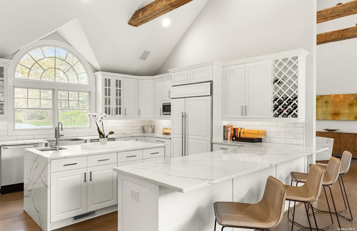 Interior, Kitchen, Recessed Lighting, Stainless Steel Appliances, Wooden Beams, Wood Texture Flooring