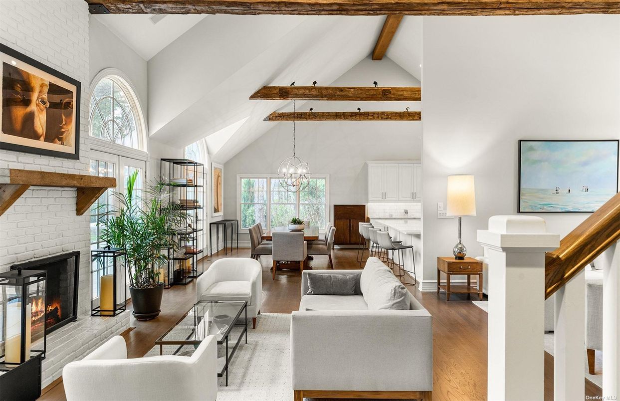 Chandelier, Dining room, Fireplace, Interior, Living room, Pendant Lights, Wooden Beams, Wood Texture Flooring