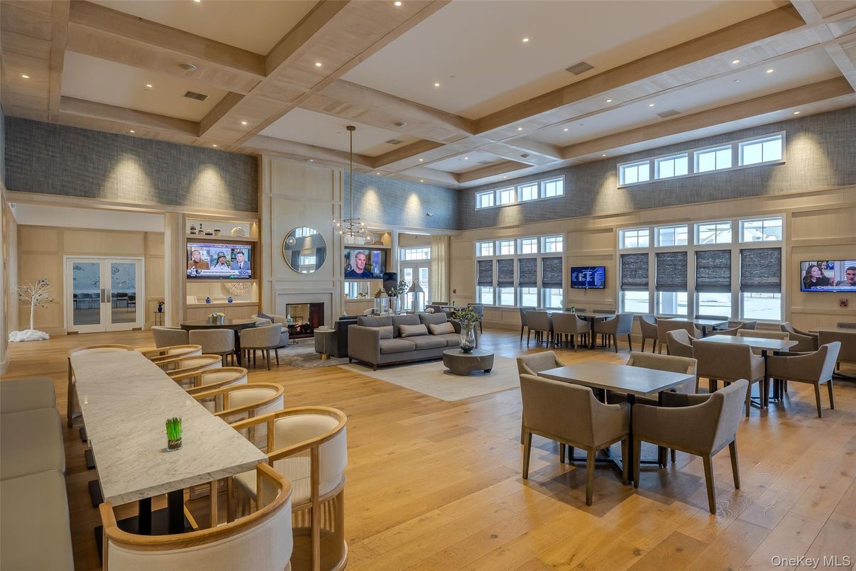 Dining room, Fireplace, Interior, Living room, Pendant Lights, Recessed Lighting, Wood Texture Flooring