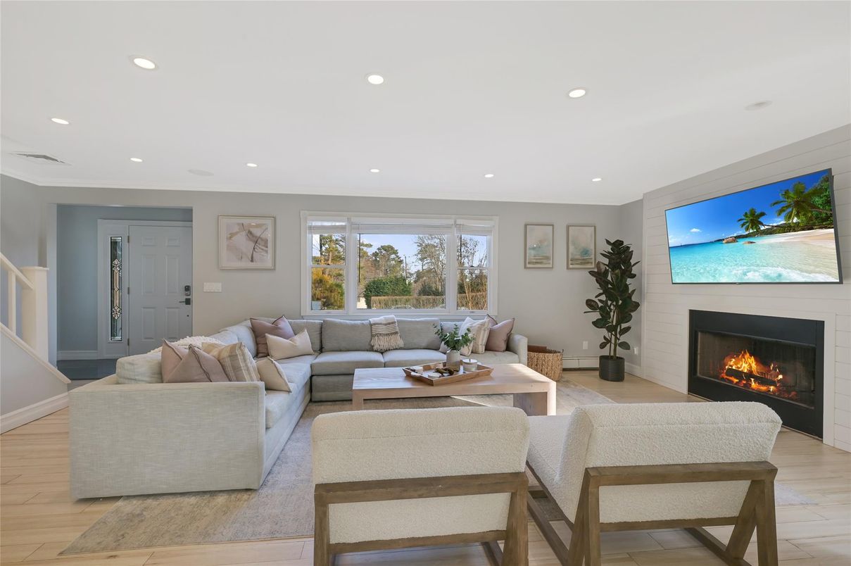 Fireplace, Interior, Living room, Recessed Lighting, Wood Texture Flooring