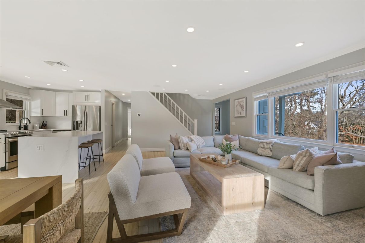 Interior, Kitchen, Living room, Recessed Lighting, Stainless Steel Appliances, Wood Texture Flooring